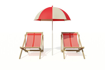 bamboo beach chair isolated with umbrella sun cover on white background, red line painting into sea beach chair, image on 3d rendering with clipping path included