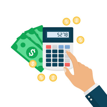 Businessman Hand Using Calculator With Cash And Coins. Calculating Net Worth Concept.