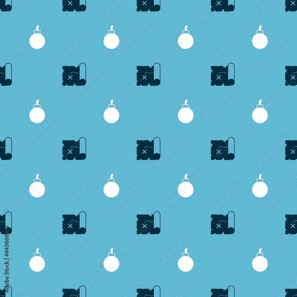 Poster set pirate treasure map and bomb ready to explode on seamless pattern. vector