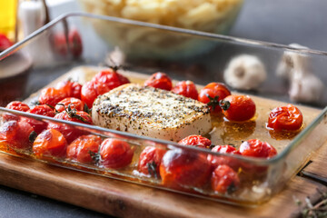 Baking dish with roasted tomatoes, feta cheese and spices on table