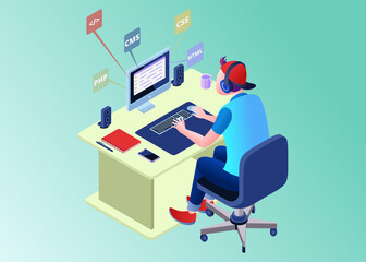 Isometric Vector Illustration Representing A Man Sitting in Front of Desk, Work on Website Programming