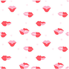 Vector seamless pattern in a flat style consisting of lips, kisses, hearts. Can be used for paper packaging, printing on fabric, congratulations.