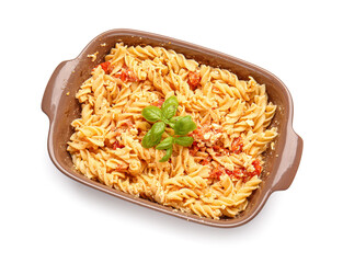 Baking dish with healthy pasta on white background