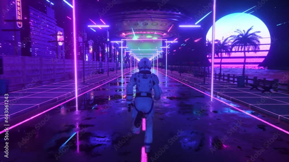 Poster astronaut running in neon city in cyberpunk style. retro wave 80s background. retro style. futuristi