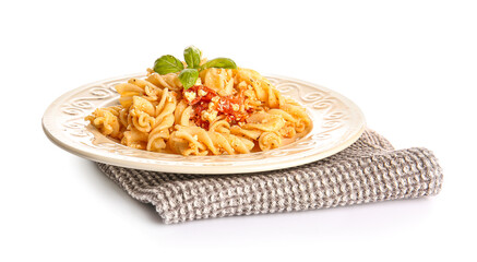 Plate with healthy pasta on white background