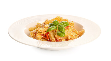 Plate with healthy pasta on white background