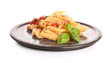 Plate with healthy pasta on white background