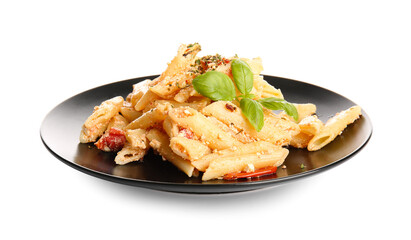 Plate with healthy pasta on white background