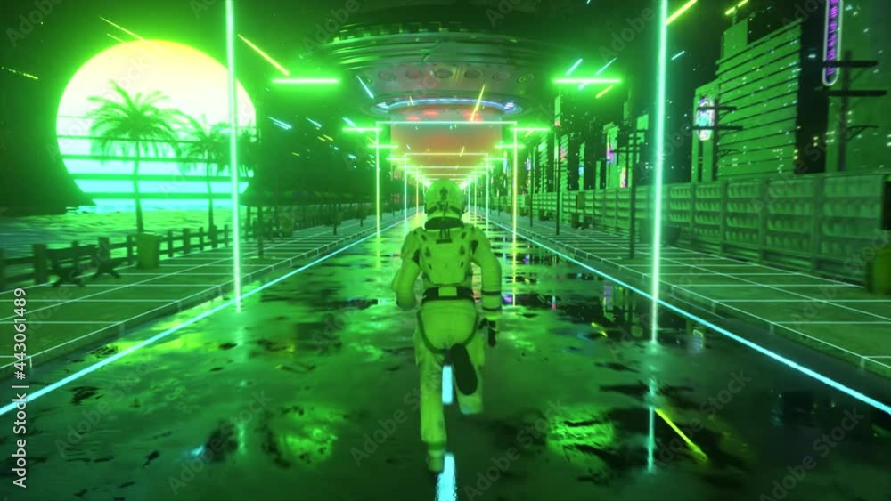 Poster astronaut running in neon city in cyberpunk style. retro wave 80s background. retro style. futuristi