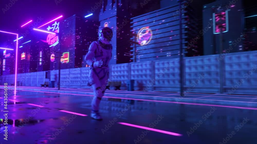 Poster astronaut running in neon city in cyberpunk style. retro wave 80s background. retro style. futuristi