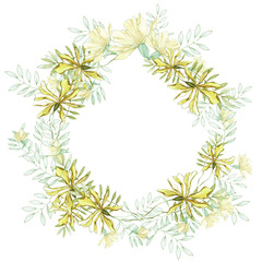 WATERCOLOR ILLUSTRATION FLORAL WREATH OF YELLOW FLOWERS AND GREEN LEAVES FOR POSTCARD,CARD AND INVITATION