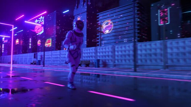Astronaut running in neon city in cyberpunk style. Retro wave 80s background. Retro style. Futuristic concept. 3d animation of seamless loop