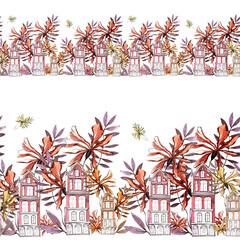 watercolor illustration seamless border beautiful dutch houses among bright delicate flowers with leaves,for wallpaper,postcard