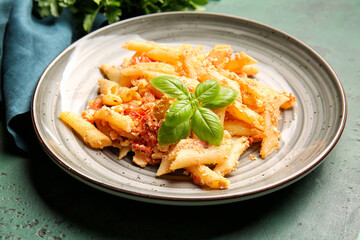 Plate with healthy pasta on color background