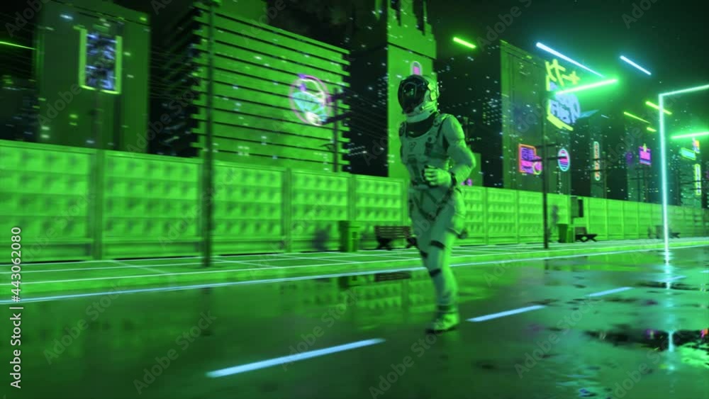 Poster astronaut running in neon city in cyberpunk style. retro wave 80s background. retro style. futuristi