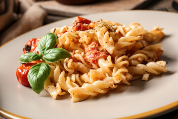Plate with healthy pasta, closeup
