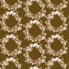 watercolor illustration seamless pattern lovely retro wreath of delicate flowers on a dark background,for wallpaper,fabric or furniture