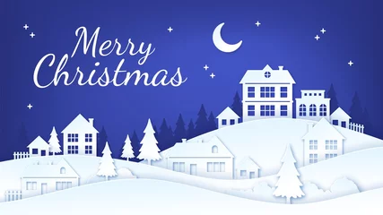 Foto op Plexiglas Donkerblauw Papier gesneden kerststad. Winter dorp nacht landschap met huizen, sneeuw en kerstboom. Vrolijke vakantie stad ambachtelijke silhouet vector scene