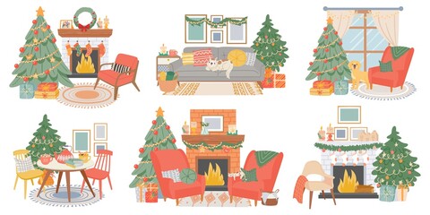 Christmas interiors. New year decorated room with pine tree, fireplace, cozy chairs, cat and dog. Home winter holiday atmosphere vector set