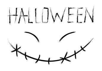 funny face and inscription. drawing with caligraphic brushes. black linear art on a white background. greeting card for Halloween. vector illustration.