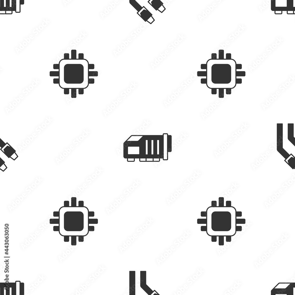 Aufkleber set lan cable network internet, video graphic card and processor with cpu on seamless pattern. vecto
