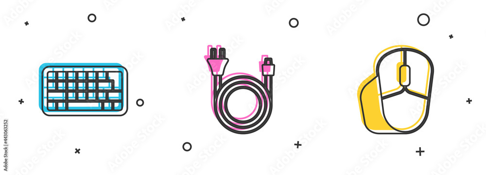 Poster set keyboard, electric plug and computer mouse icon. vector