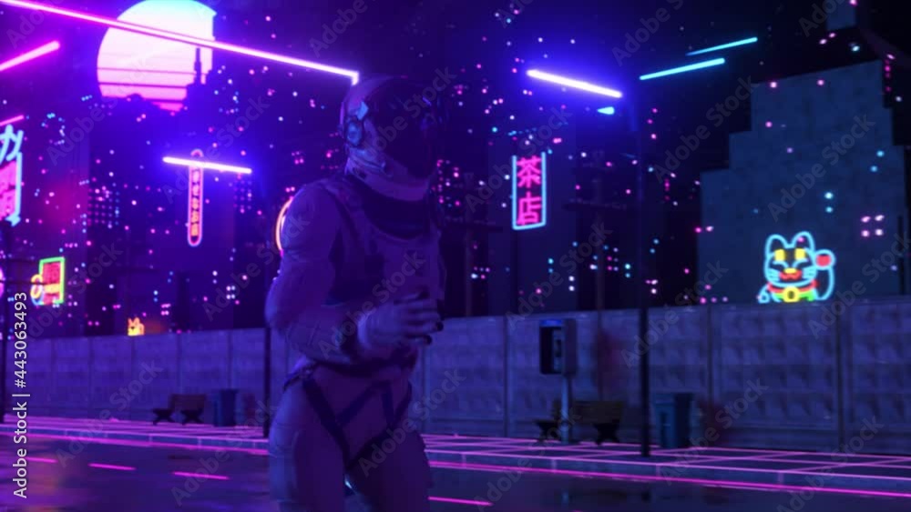 Poster astronaut running in neon city in cyberpunk style. retro wave 80s background. retro style. futuristi