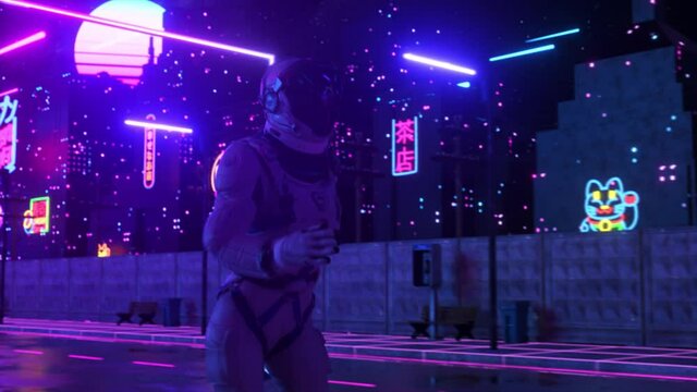 Astronaut running in neon city in cyberpunk style. Retro wave 80s background. Retro style. Futuristic concept. 3d animation of seamless loop