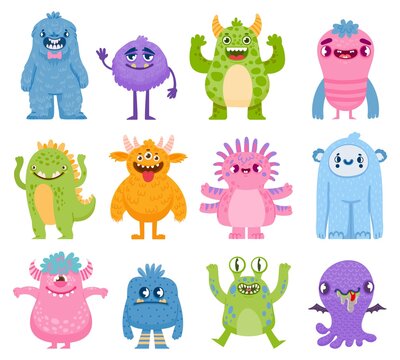 Funny monsters. Cartoon cute and scary creatures with horns and teeth. Halloween monster and alien characters. Friendly monsters vector set