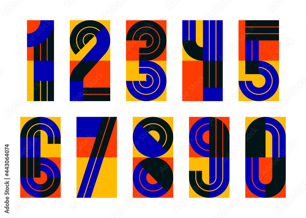 Poster geometric numbers set, vector digits, retro 90s style trendy numerals made with geometry elements, l