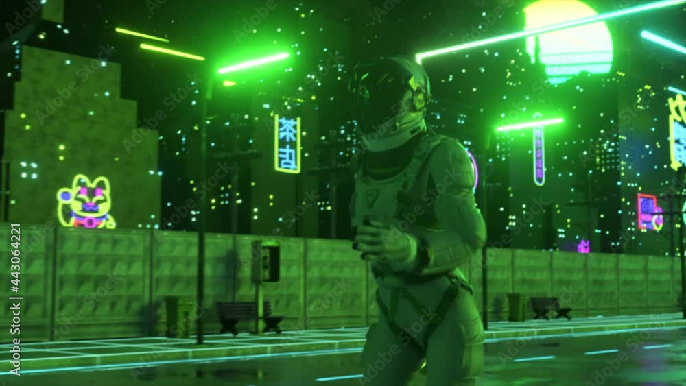 Poster astronaut running in neon city in cyberpunk style. retro wave 80s background. retro style. futuristi