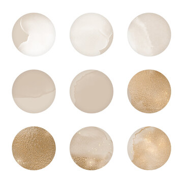 Instagram social media highlight cover icon or web button. abstract nude blush beige color minimal circle round dot shapes in watercolor stain stamp gold pattern texture. for beauty, cosmetics make up