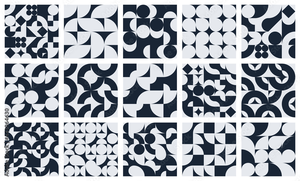 Poster abstract vector geometric seamless patterns set, black and white simple geometric elements repeat ti