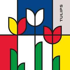 Bouquet of three colorful tulips. Modern style art with rectangular shapes. Piet Mondrian style pattern.