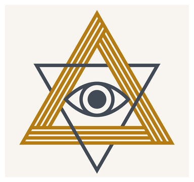 All seeing eye in triangle pyramid vector ancient symbol in modern linear style isolated on white, eye of god, masonic sign, secret knowledge illuminati.