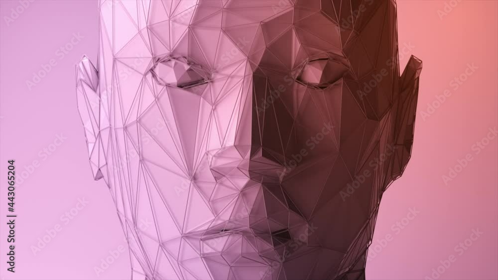 Poster abstract polygonal human face, artificial intelligence concept. 3d animation of seamless loop