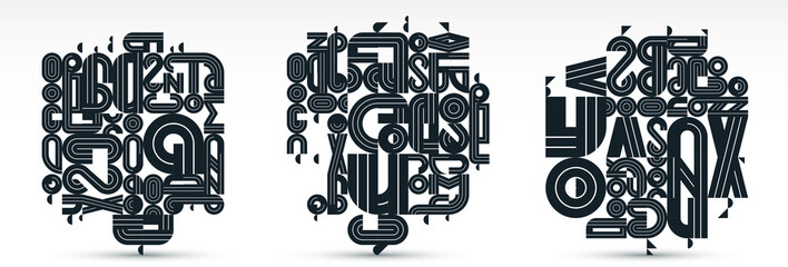 Abstract geometric composition vector designs set, black and white abstraction isolated on white, modern style shapes illustration art collection.