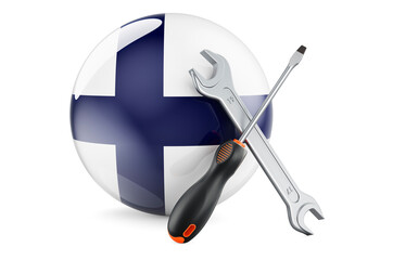 Service and repair in Finland concept. Screwdriver and wrench with Finnish flag, 3D rendering