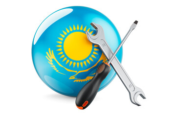 Service and repair in Kazakhstan concept. Screwdriver and wrench with Kazakh flag, 3D rendering