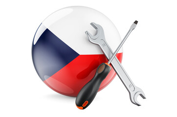 Service and repair in Czech Republic concept. Screwdriver and wrench with Czech flag, 3D rendering