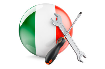 Service and repair in Ireland concept. Screwdriver and wrench with Irish flag, 3D rendering