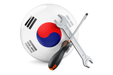 Service and repair in South Korea concept. Screwdriver and wrench with South Korean flag, 3D rendering