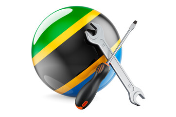 Service and repair in Tanzania concept. Screwdriver and wrench with Tanzanian flag, 3D rendering