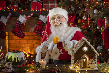 Festive interior inside wooden house, New Year's cheerful mood Spirit of Christmas