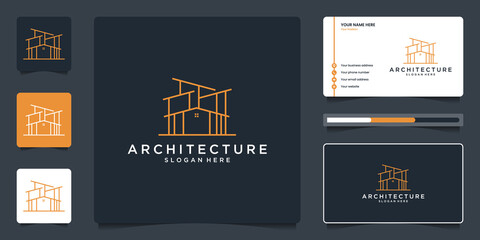 Real estate line logo and business card template. Building architecture with structure sketch.