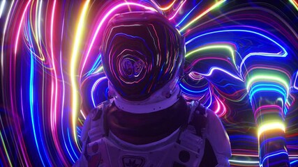Astronaut in the fourth dimension. Neon surroundings and bright stripes. Interstellar. Sci-fi 3d animation - Powered by Adobe