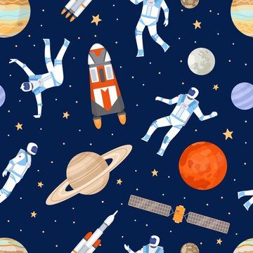 Outer space seamless pattern. Print with dancing astronaut, spaceships, satellite, stars and planets. Cosmic adventure flat vector texture