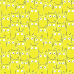 Cercles muraux Jaune Motif jaune sans couture avec des chats mignons, couleurs tendance 2021. Pantones jaunes et gris