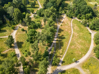 Dirt road in the park in summer. Aerial drone view.