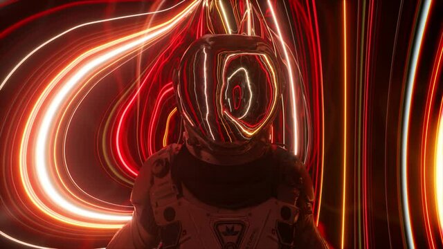 Astronaut in the fourth dimension. Neon surroundings and bright stripes. Interstellar. Sci-fi 3d animation
